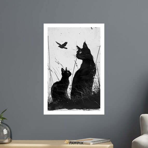 Chat Noir 10 Black Cat Generations Silhouette Grass Bird Ink Art Poster