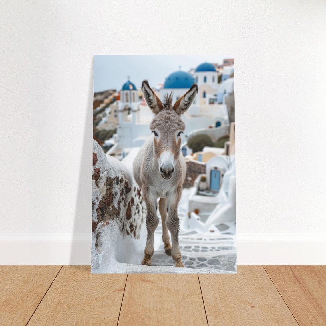Santorini Donkey Standing By Blue Domes Old Town Greece Photo Wall Art - Image 4