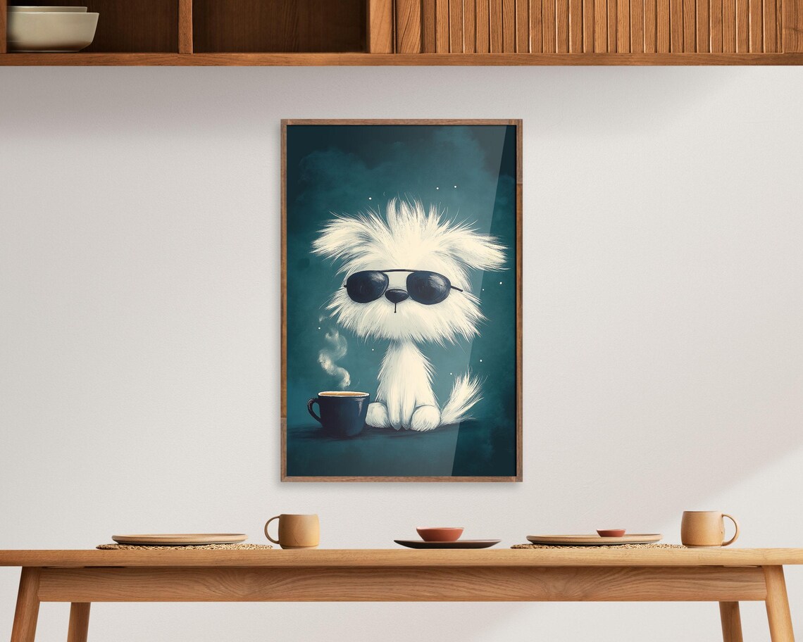 Cool White Puppy With Sunglasses And Coffee Mug Funny Dog Art Poster - Image 4