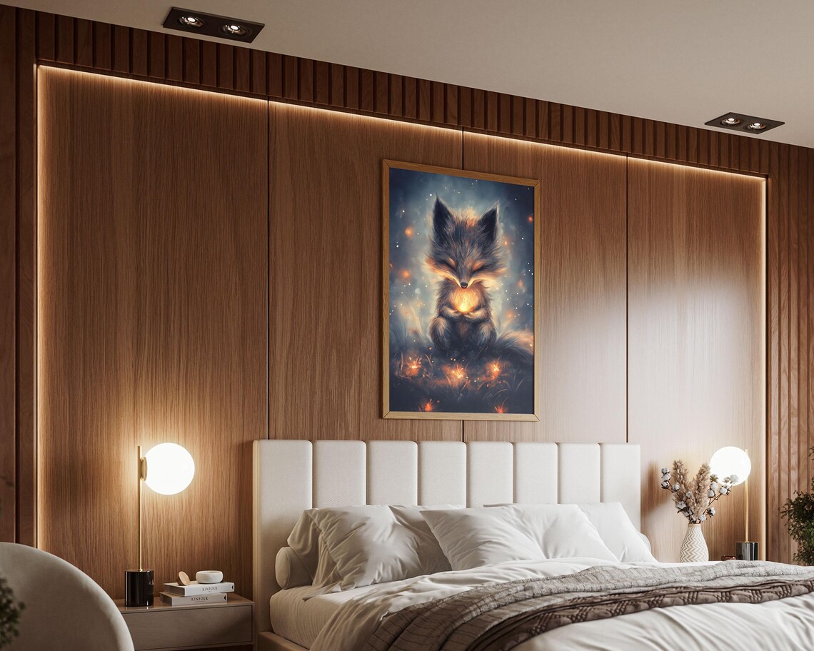 Mystical Fox Cub With Glowing Heart Light Magical Night Art Poster - Image 3