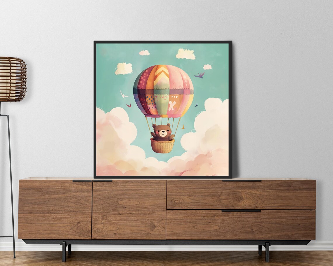 Cute Bear Cub In Hot Air Balloon Pastel Clouds Nursery Art Poster - Image 2