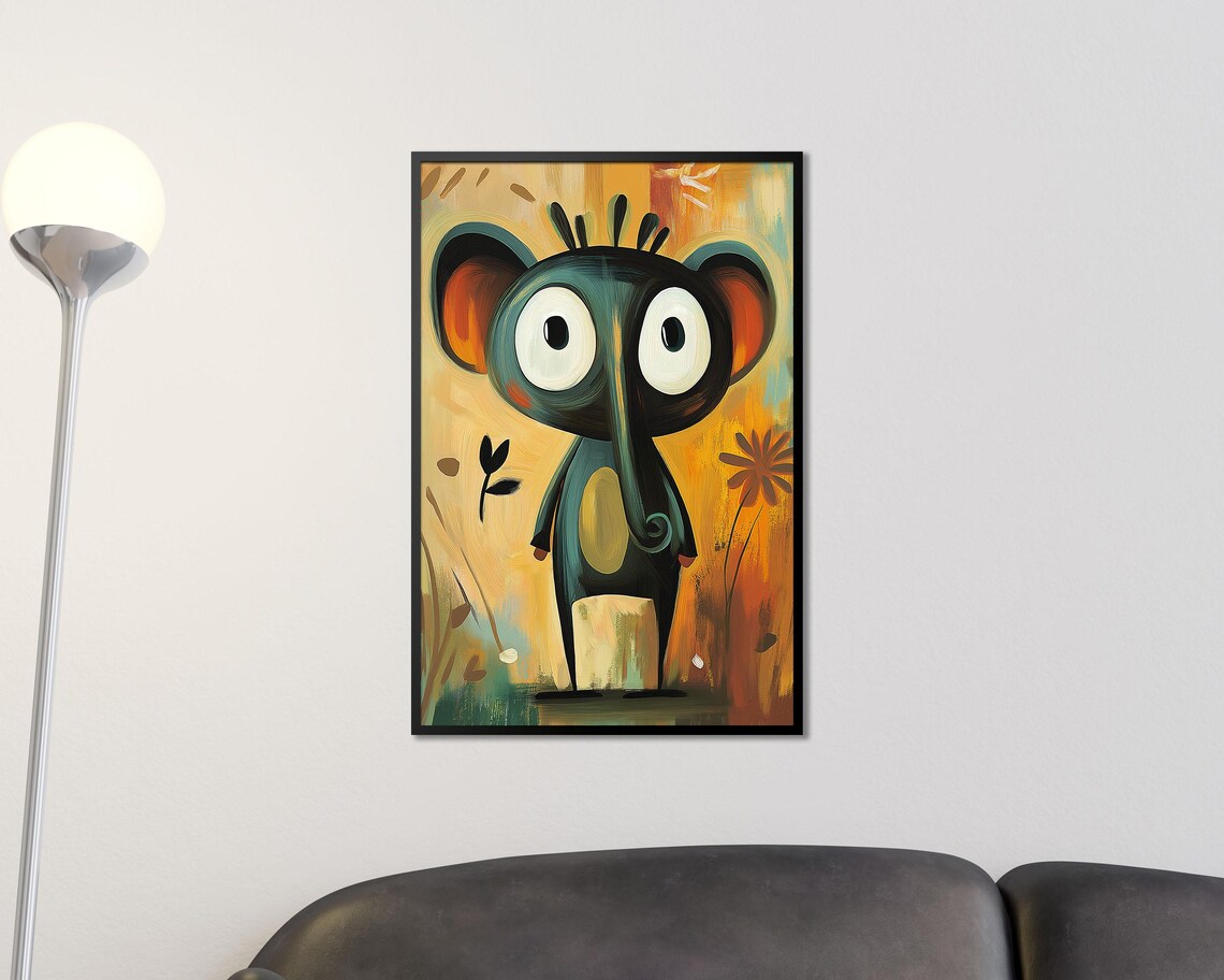 Quirky Big Eyed Elephant Whimsical Orange Oil Painting Animal Poster - Image 3