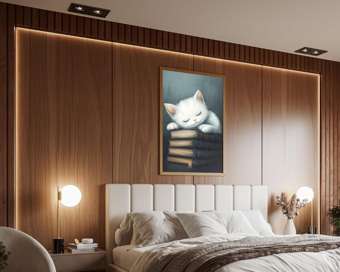 Sleeping White Kitten on Stack of Books Cozy Reading Wall Art - Image 5