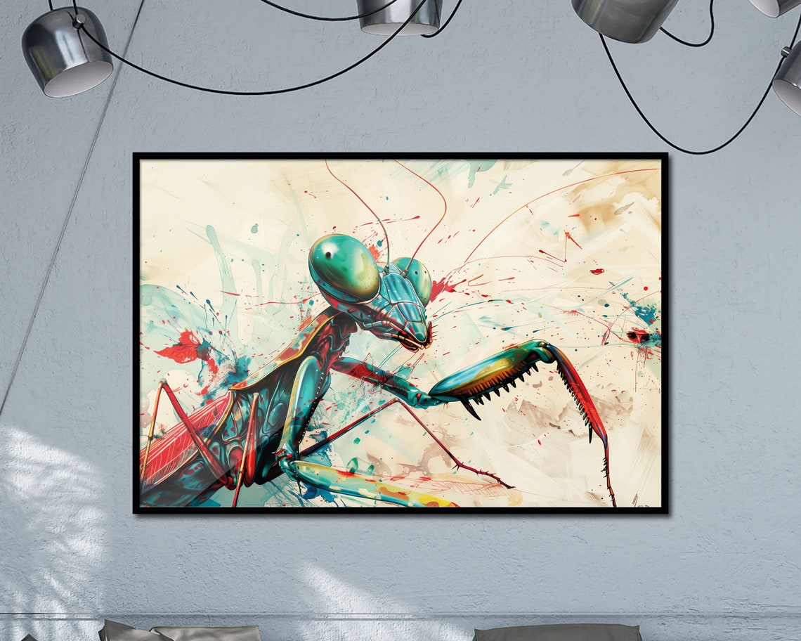 Praying Mantis Vibrant Teal Insect Macro Abstract Wall Art Poster