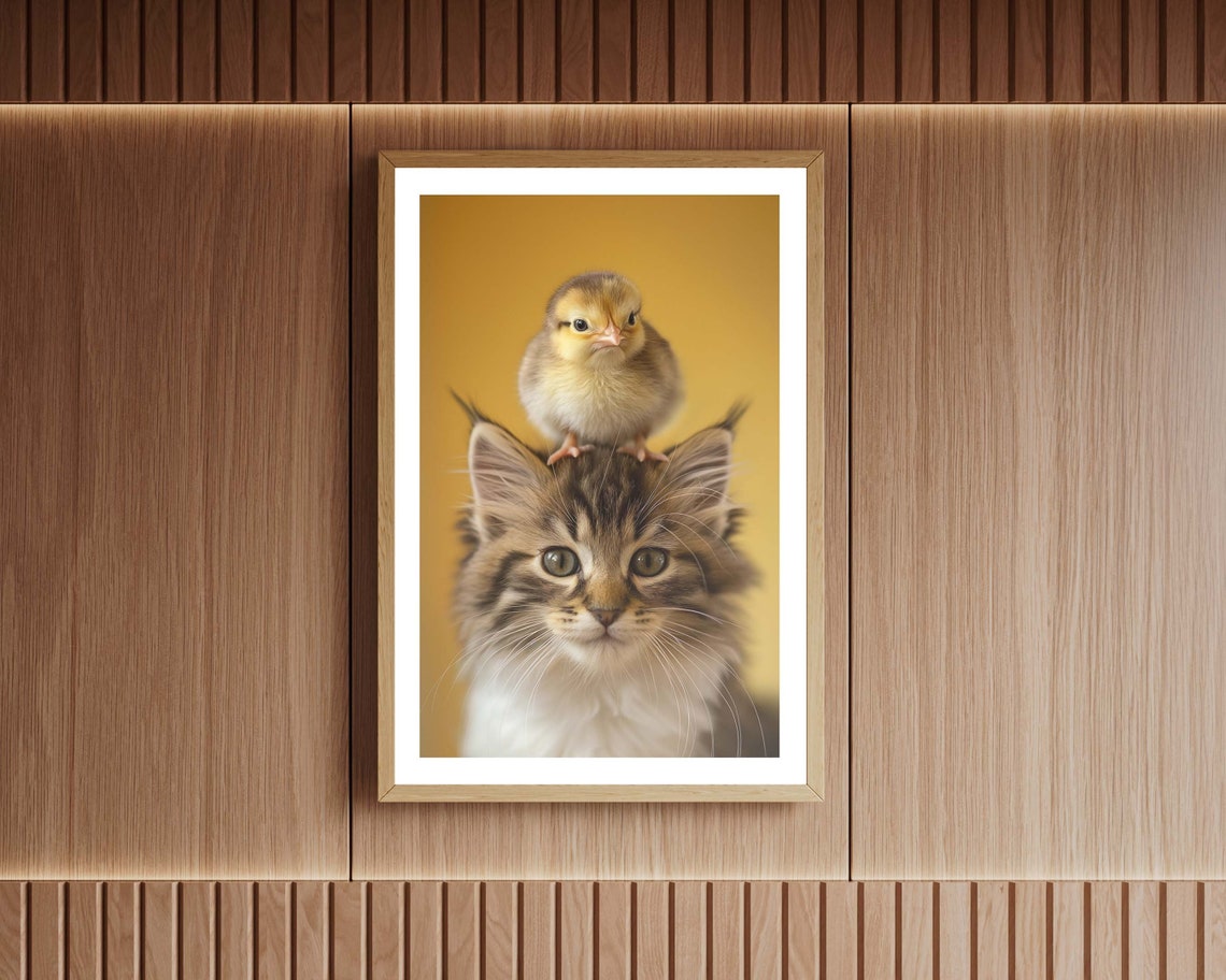 Adorable Kitten With Baby Chick On Head Cute Animal Wall Art Print - Image 5