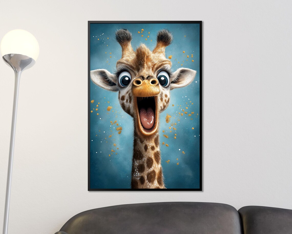 Funny Baby Giraffe Cartoon Big Eyes Blue Nursery Kids Room Art Poster - Image 3