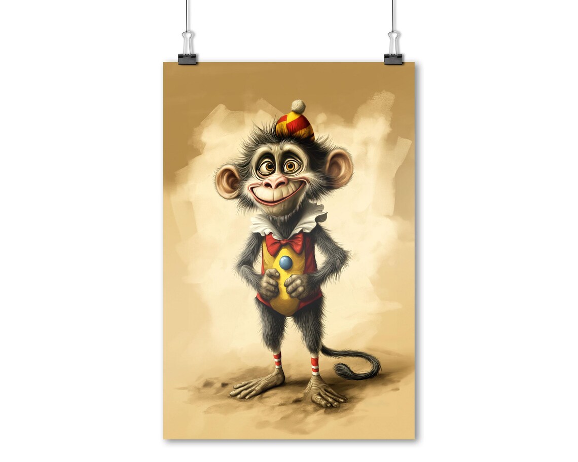 Funny Clown Monkey In Circus Costume Whimsical Kids Room Art Poster