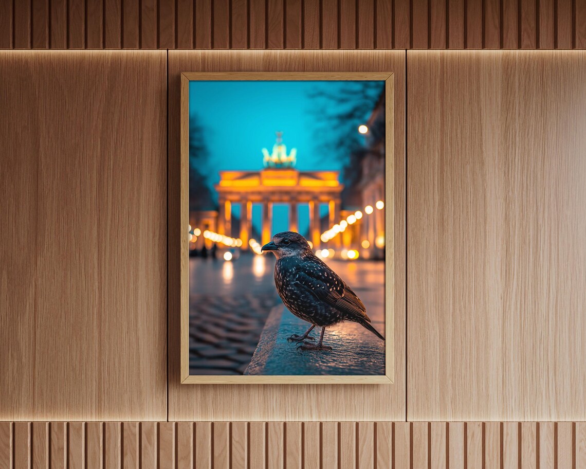Berlin Brandenburg Gate Night Lights Starling Bird City Photo Poster - Image 7