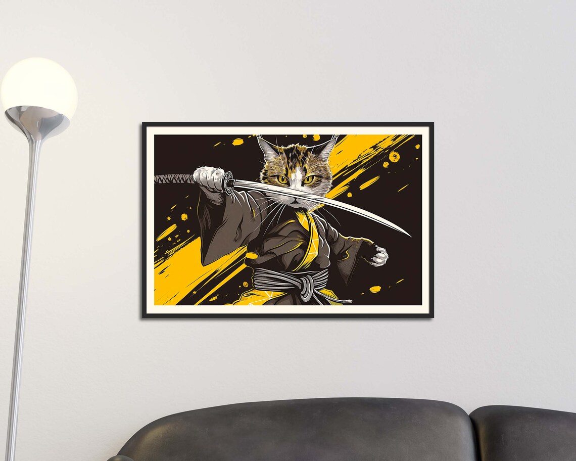 Samurai Cat Warrior With Katana Sword Bold Black Gold Graphic Art Poster - Image 2