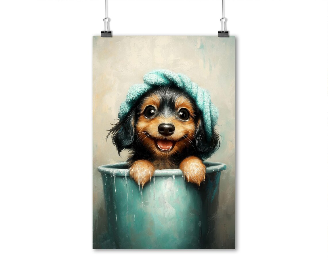 Dachshund Puppy Bath Time In Tub With Towel Cute Dog Art Poster - Image 6