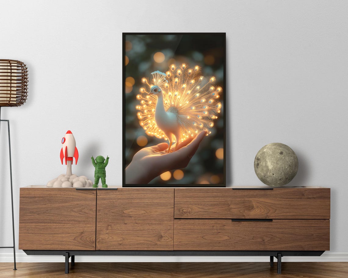 Glowing White Peacock in Hand Golden Feathers Magic Bird Art Poster - Image 3