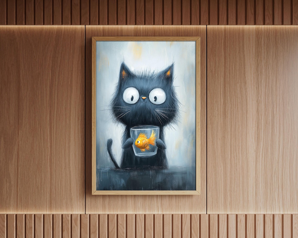Big Eyed Black Cat Holding Goldfish Bowl Funny Kitchen Wall Art - Image 6