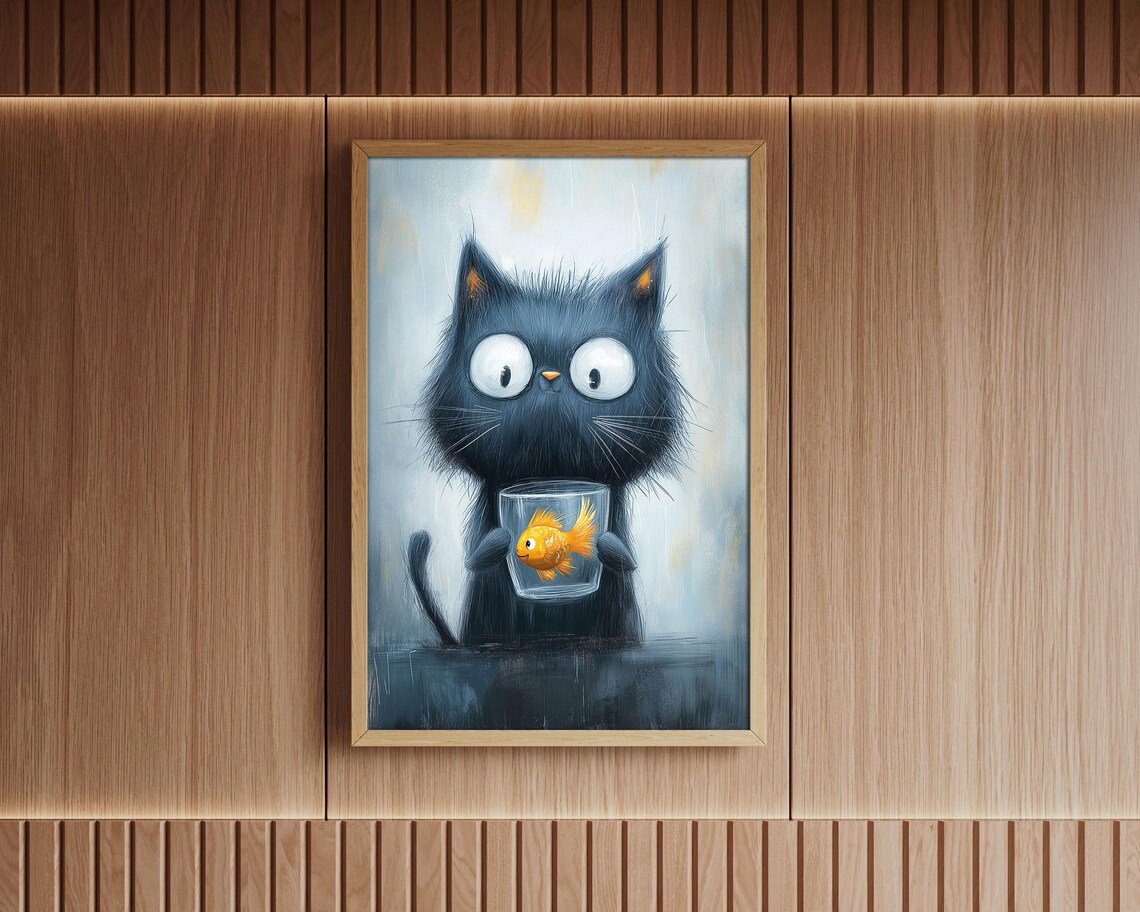 Mischievous Black Kitten Holding Goldfish Bowl Cute Cat Art Poster - Image 2