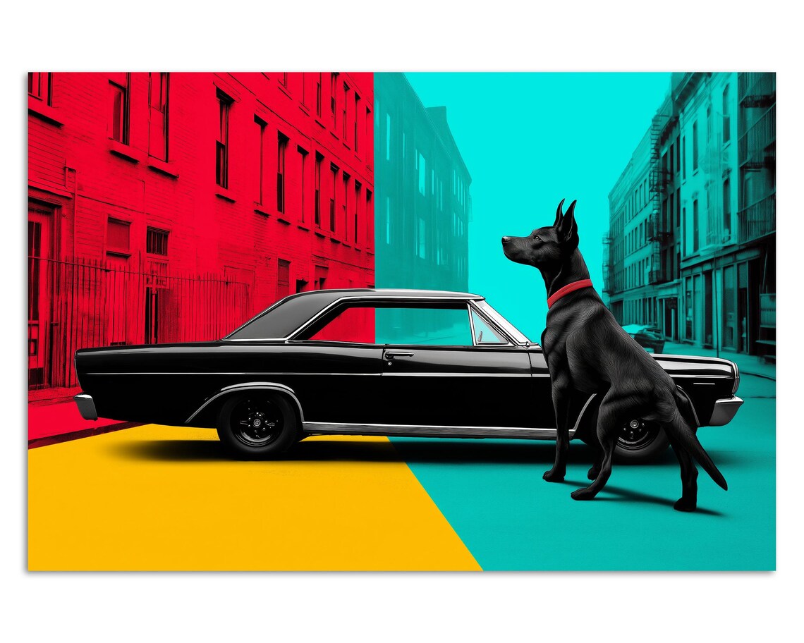 Retro Pop Art Black Dog With Classic Car Bold Color Block Urban Poster - Image 3