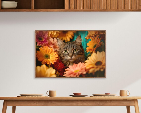 Tabby Cat Among Colorful Gerbera Daisies Floral Feline Art Poster