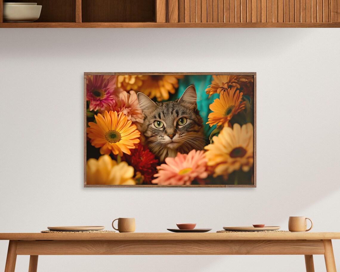 Tabby Cat Among Colorful Gerbera Daisies Floral Feline Art Poster