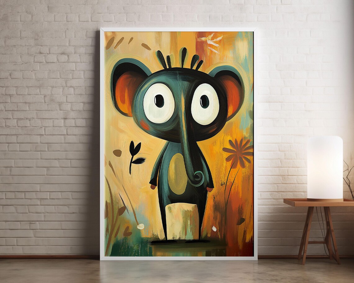 Quirky Big Eyed Elephant Whimsical Orange Oil Painting Animal Poster