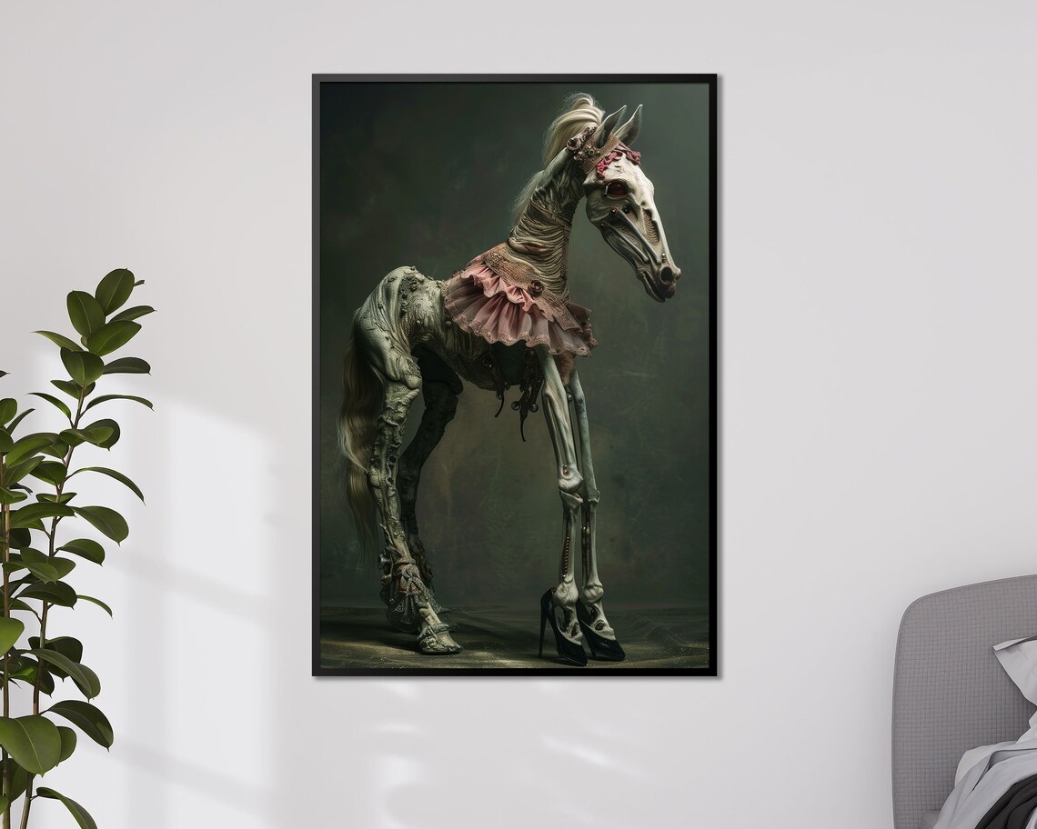 Grotesque Skeletal Horse In Pink Dress Dark Fantasy Macabre Art Print - Image 4