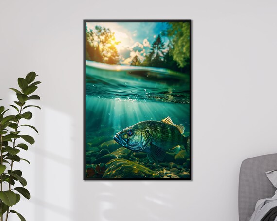 Largemouth Bass Poster Underwater Fishing Scene Freshwater Fish Wall Art Nature Photography Angler Gift Lake Life Decor