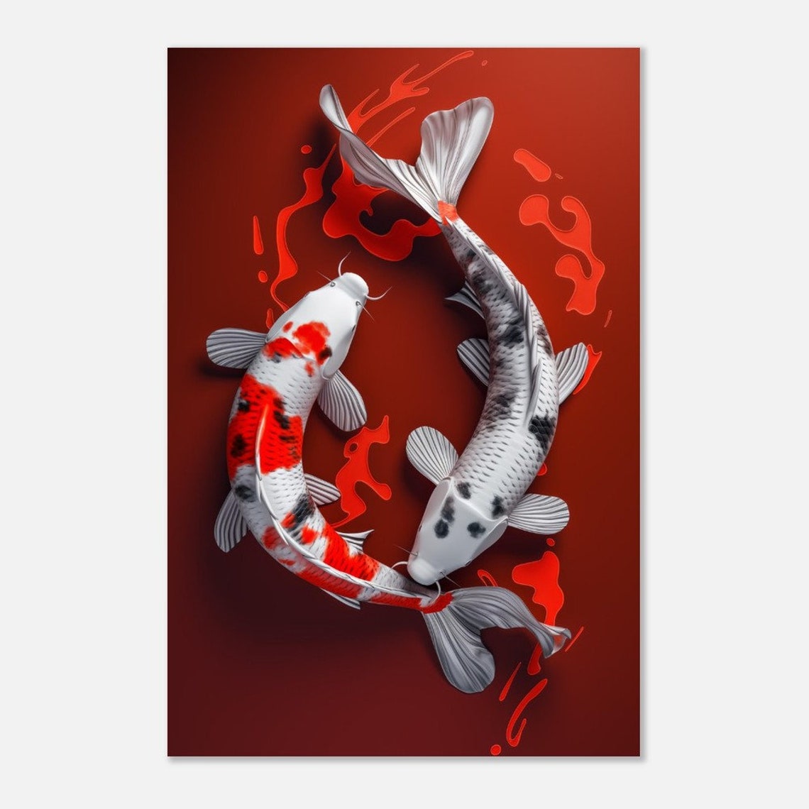 Yin Yang Koi Fish Circle Deep Red Zen Aquatic Meditation Wall Art - Image 2