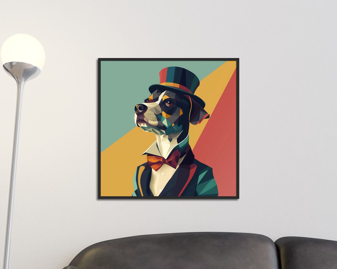 Dapper Dog In Top Hat Bow Tie Geometric Pop Art Animal Poster