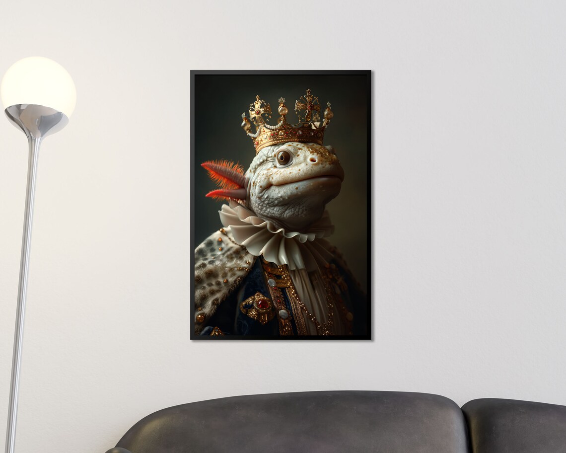 Royal Axolotl In Gold Crown Regal Amphibian Portrait Wall Art Poster