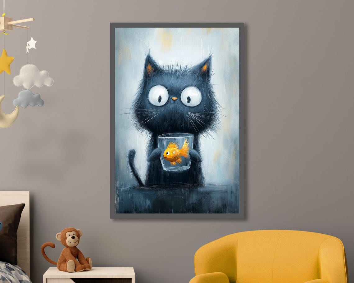 Mischievous Black Kitten Holding Goldfish Bowl Cute Cat Art Poster