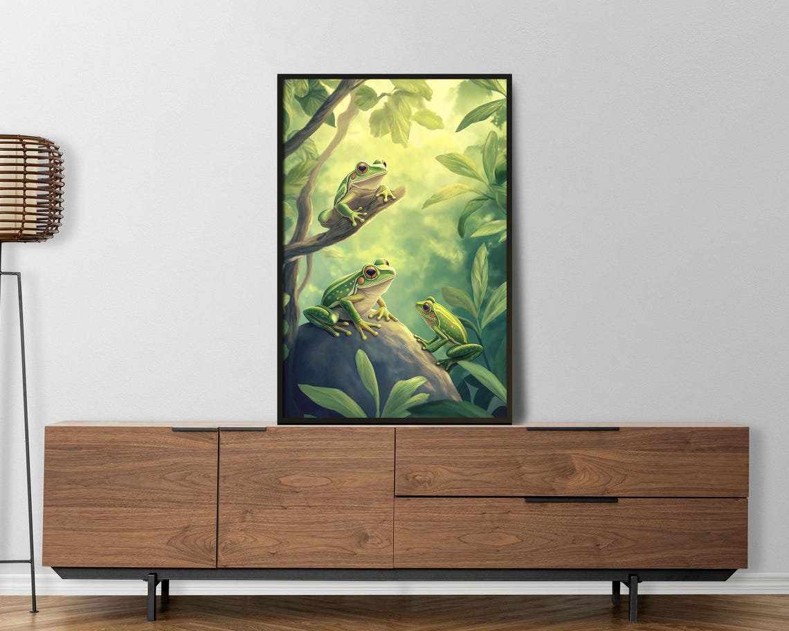 Three Green Tree Frogs in Sunlit Jungle Canopy Nature Wall Art - Image 5