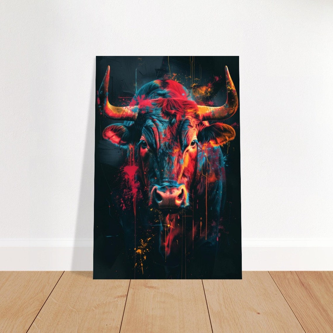 Neon Bull Head Red Blue Paint Splash Abstract Colorful Art Poster - Image 2
