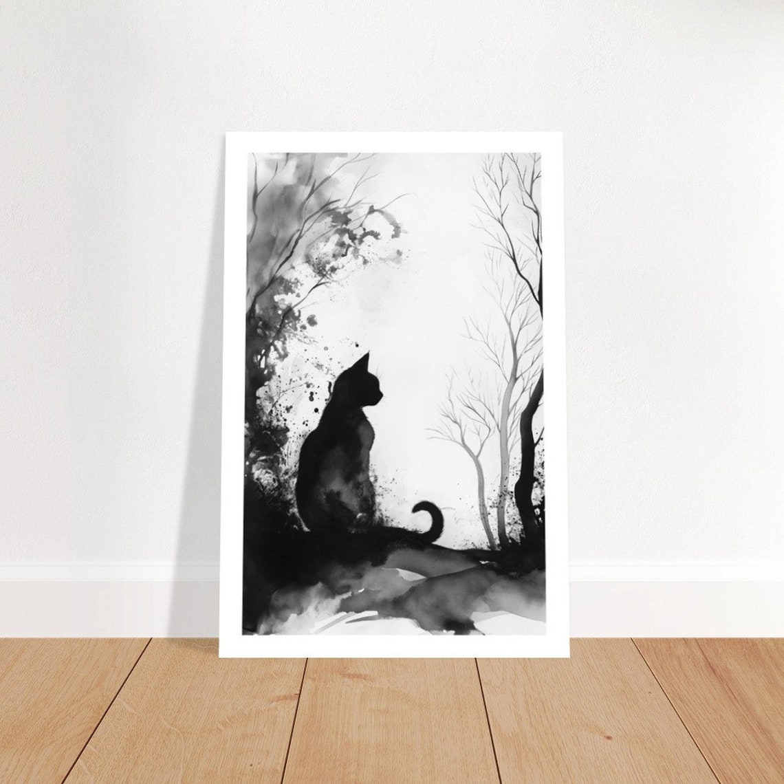 Chat Noir 6 Monochrome Black Cat Silhouette Forest Ink Wash Zen Poster - Image 4