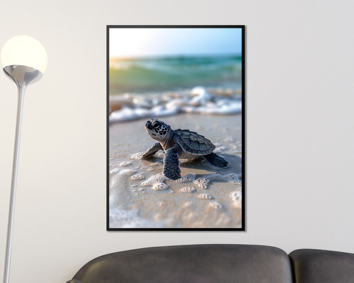 Baby Sea Turtle Hatchling On Beach Sand Ocean Shore Photo Poster - Image 2