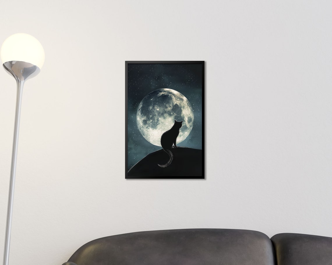 Black Cat Silhouette Under Full Moon Starry Night Celestial Art Print - Image 2