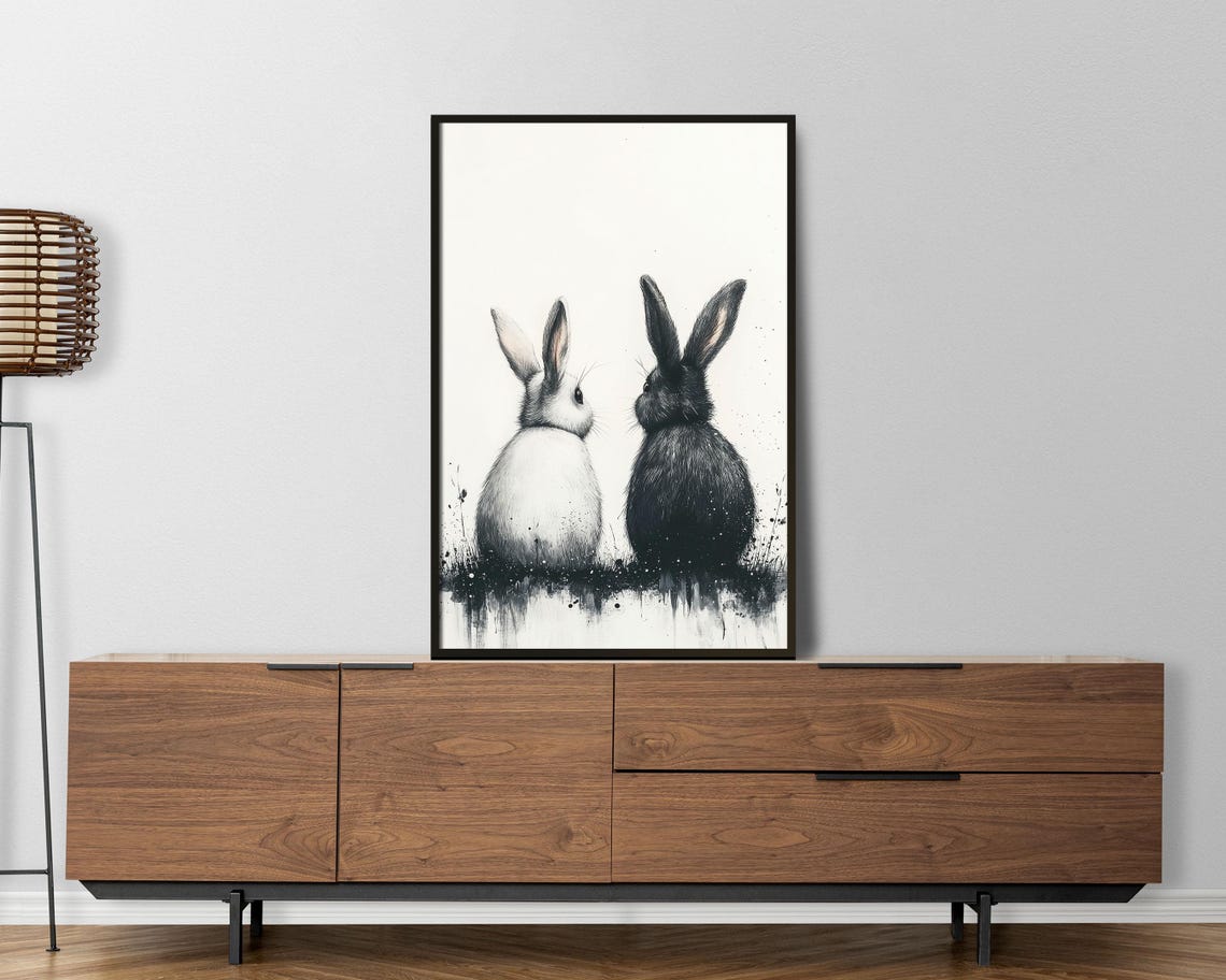 Black And White Bunnies Back To Back Monochrome Rabbit Art Poster - Image 3