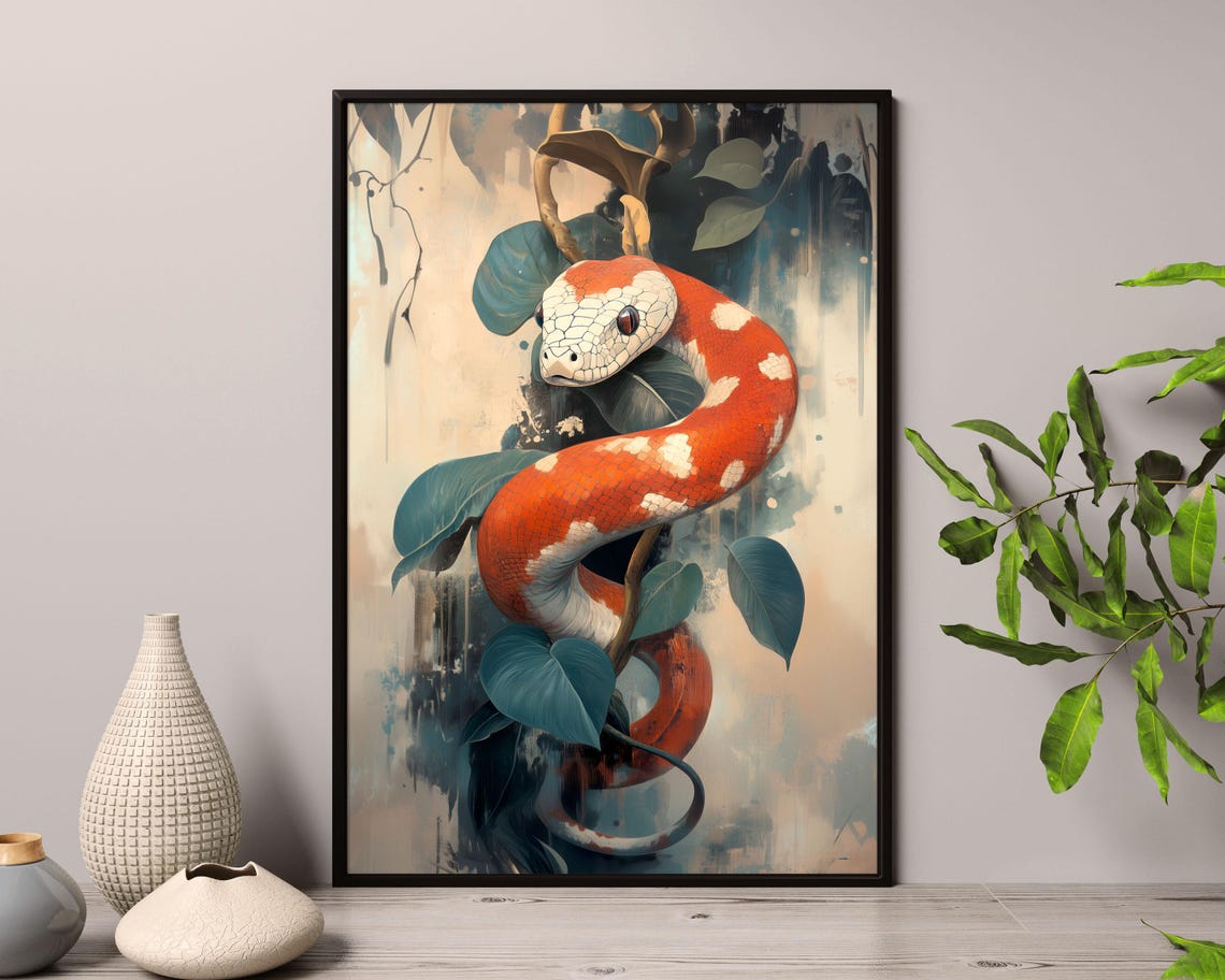 Red Orange Snake Coiled In Leaves Tropical Reptile Art Poster - Image 3