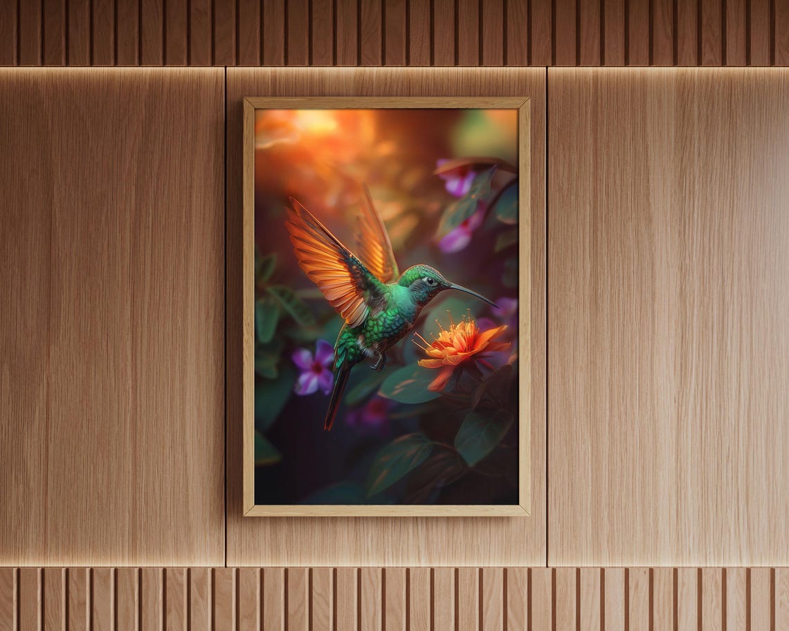 Emerald Hummingbird Hovering At Flower Golden Light Art Poster - Image 2