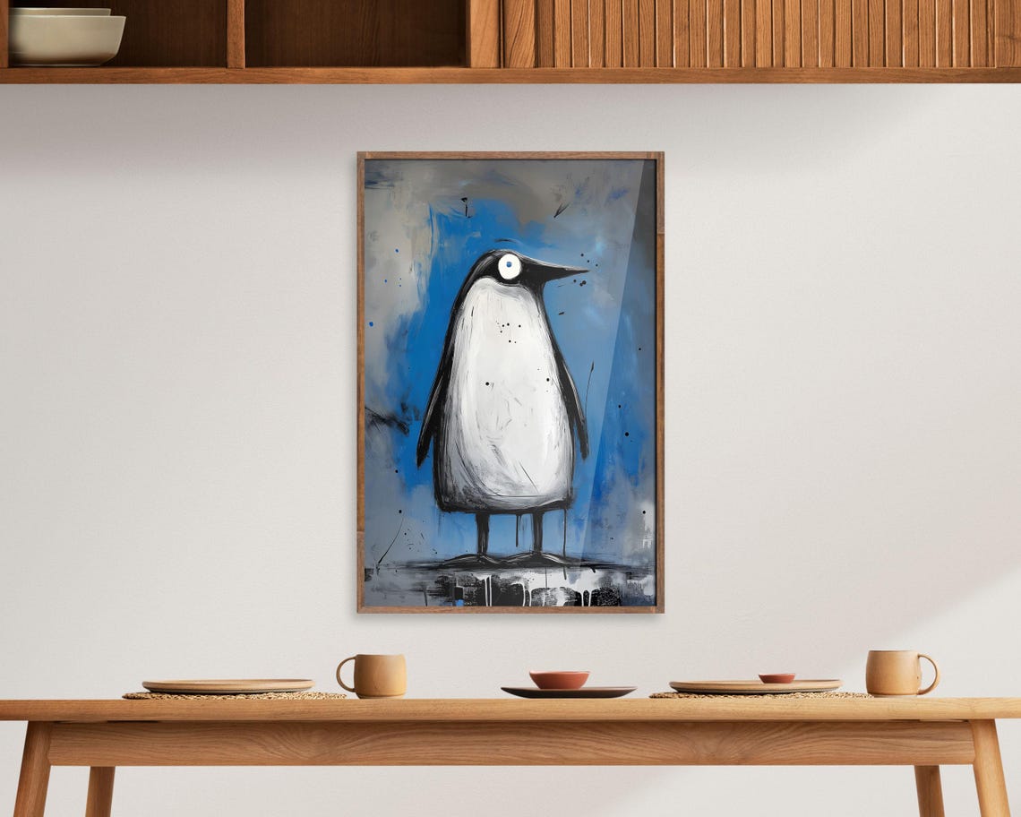 Funny Tall Penguin Painterly Blue Gray Abstract Bird Art Poster - Image 4