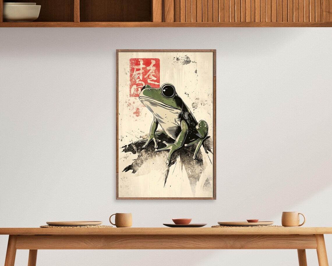 Japanese Woodblock Style Green Tree Frog Red Seal Stamp Wall Art - Image 4