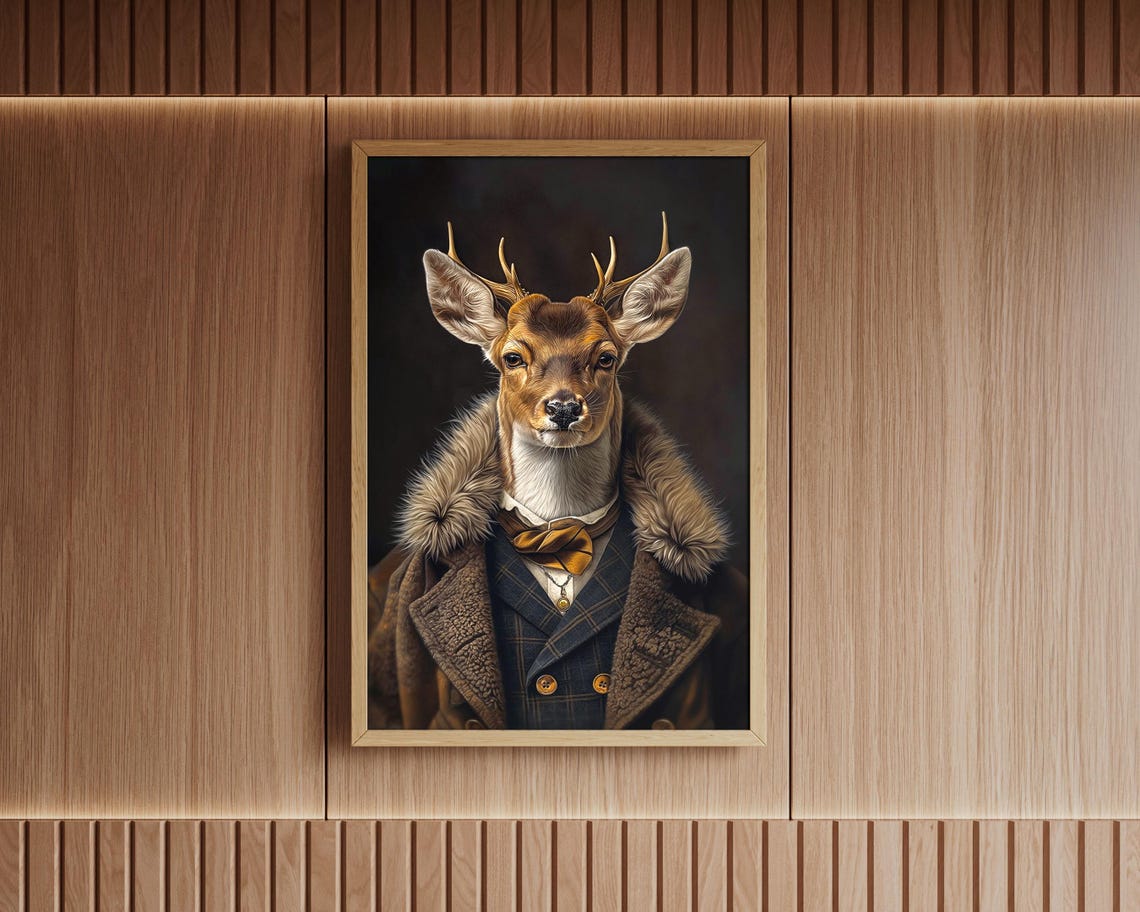 Dapper Deer Bow Tie Vintage Coat Anthropomorphic Elegant Animal Print - Image 2