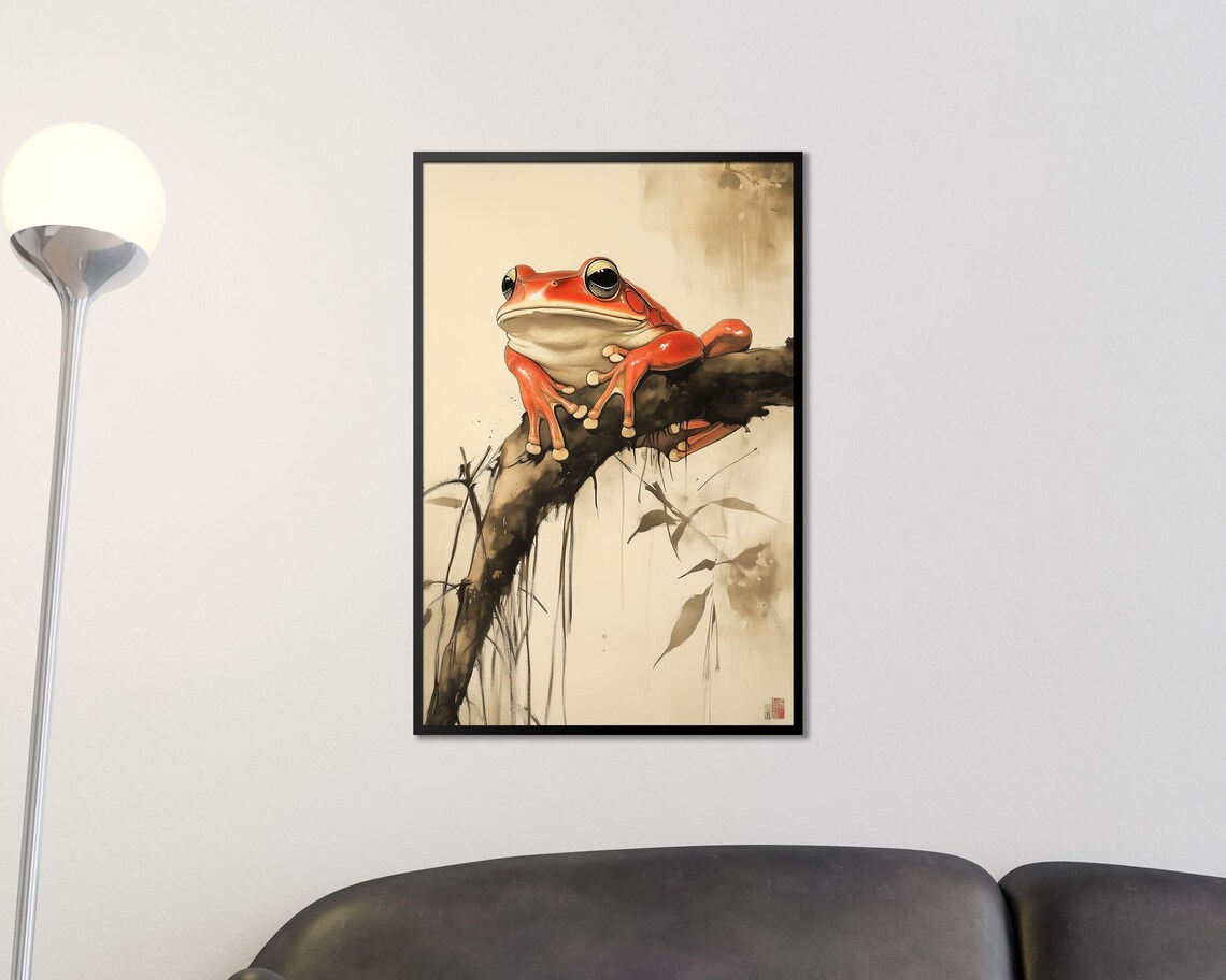 Japanese Sumi E Style Red Frog Resting on Branch Ink Wash Wall Art - Image 3
