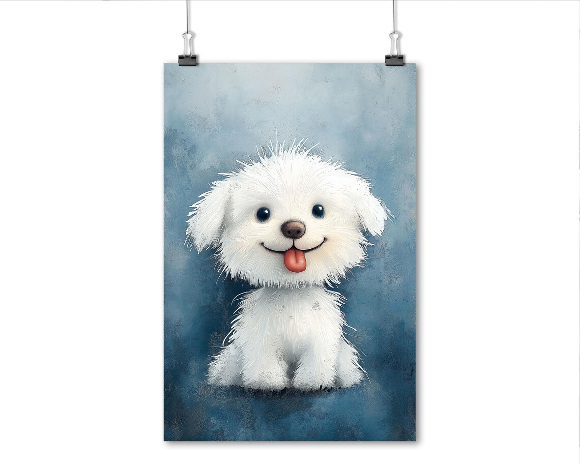 Happy White Fluffy Puppy Tongue Out Cute Cartoon Dog Art Poster - Image 6