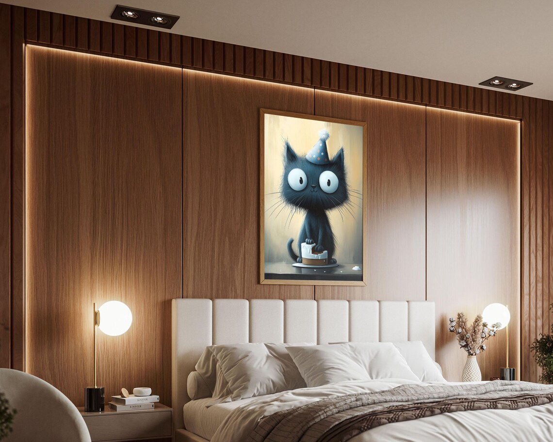 Cute Black Cat with Party Hat Eating Birthday Cake Fun Wall Art - Image 5