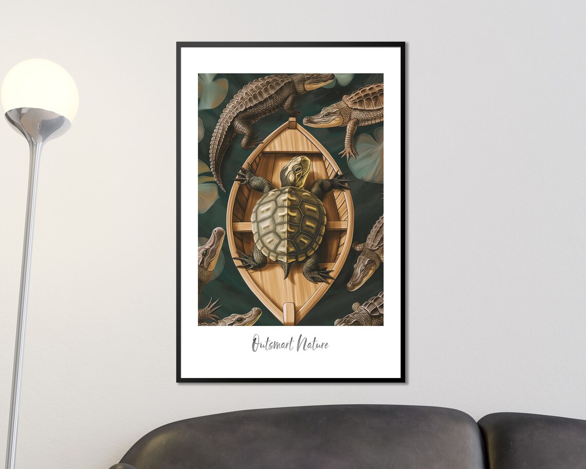 Turtle In A Boat Outsmart Nature Funny Animal Quote Art Poster - Image 2