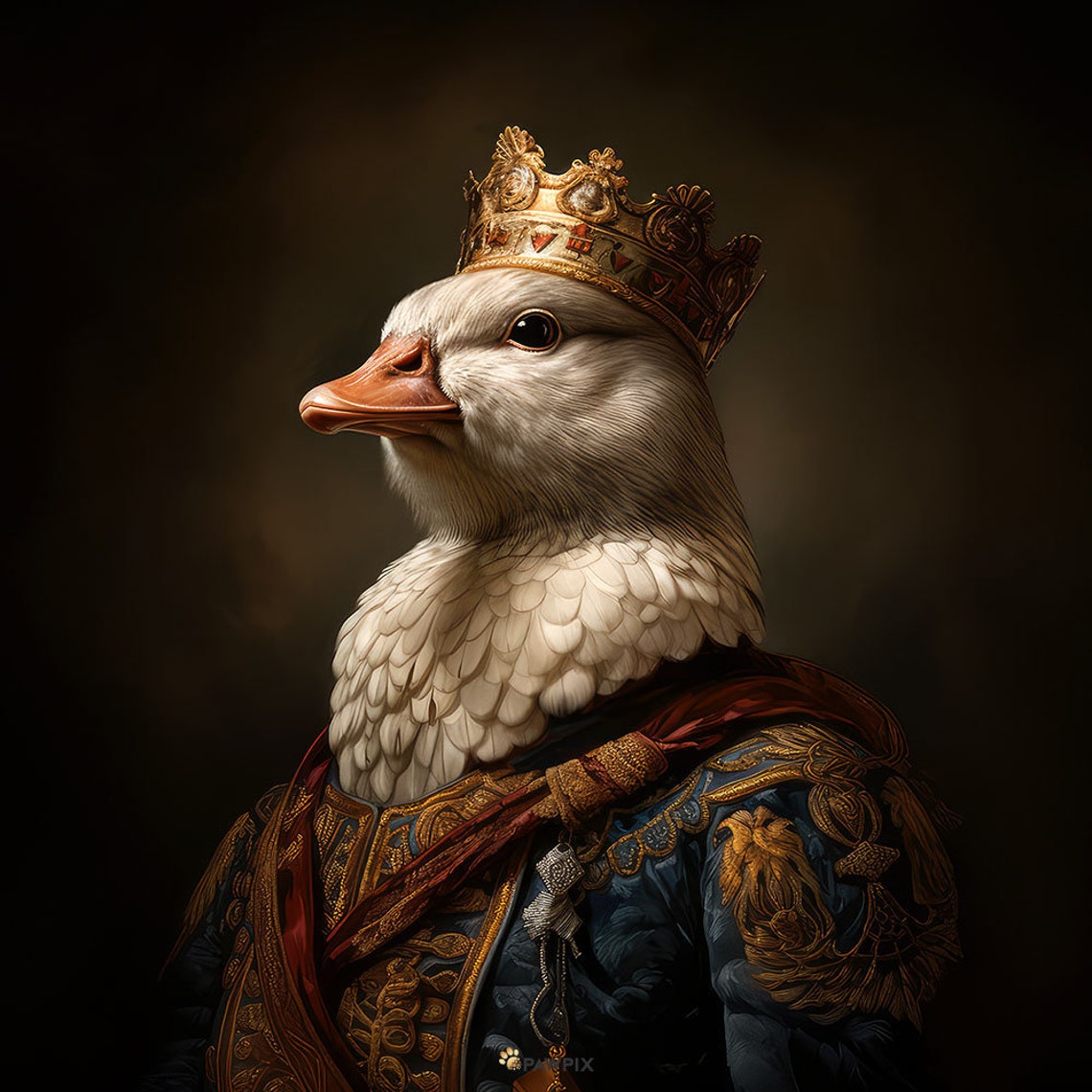 Royal Goose Queen Wearing Crown Blue Embroidered Coat Funny Portrait - Image 4