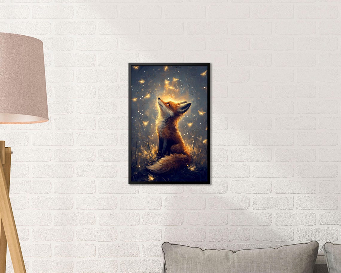 Red Fox Watching Glowing Fireflies Magical Night Forest Wall Art - Image 2
