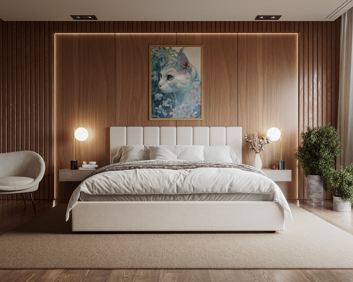 Elegant White Cat Among Blue Moonflowers Serene Floral Feline Art Print - Image 2