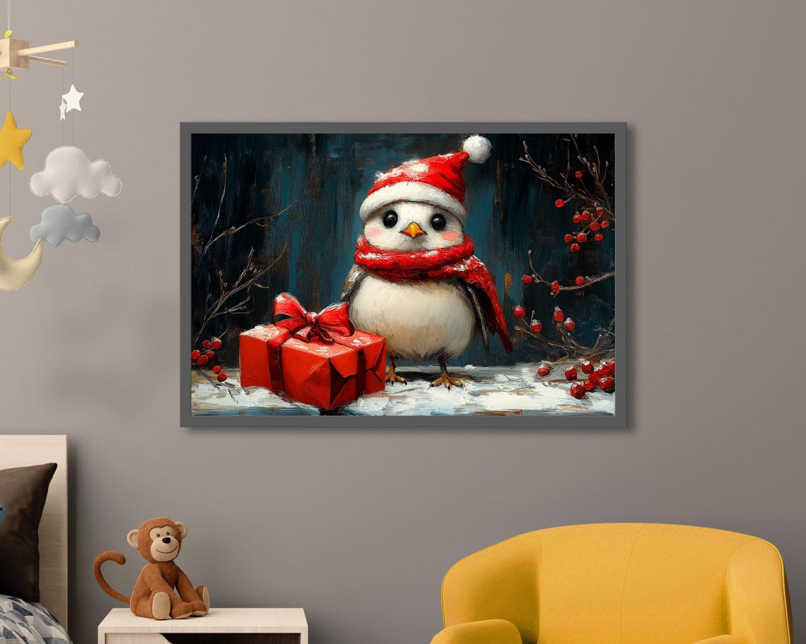 White Winter Bird With Santa Hat Gift Box Snowy Holiday Poster - Image 4