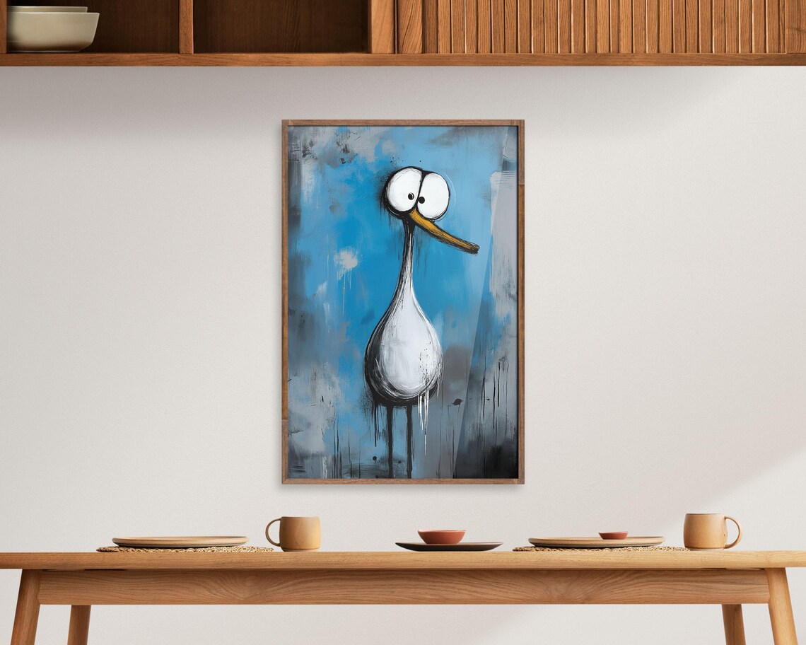 Funny Goofy Bird Quirky Cartoon Painting Blue Abstract Art Poster - Image 4