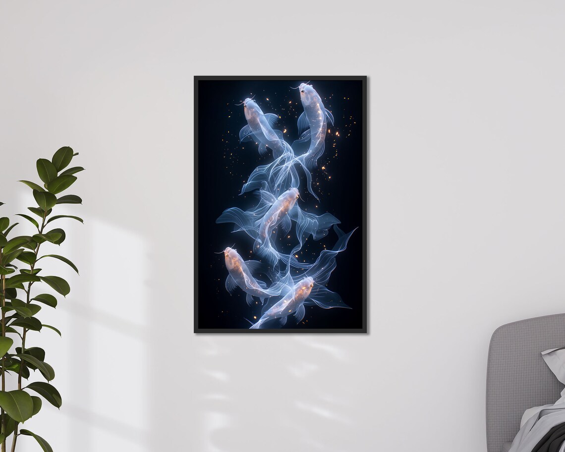 Ethereal White Koi Fish Swimming Black Background Gold Zen Art Print - Image 4