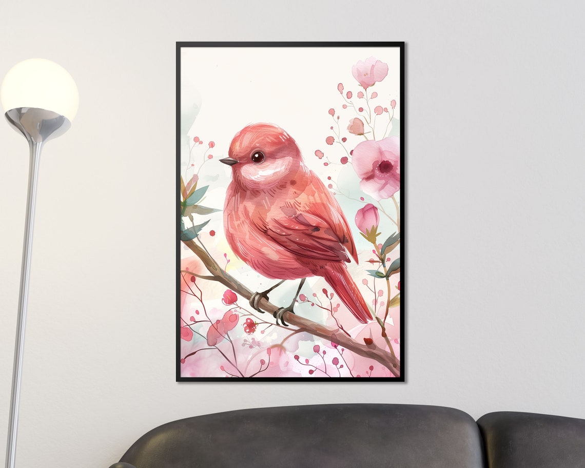 Pink Bird On Blossom Branch Watercolor Pastel Floral Wall Art Print - Image 3