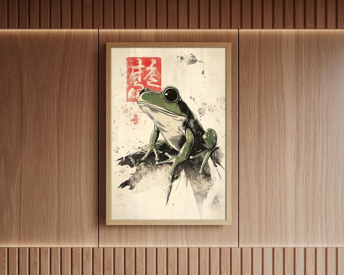 Japanese Woodblock Style Green Tree Frog Red Seal Stamp Wall Art - Image 5
